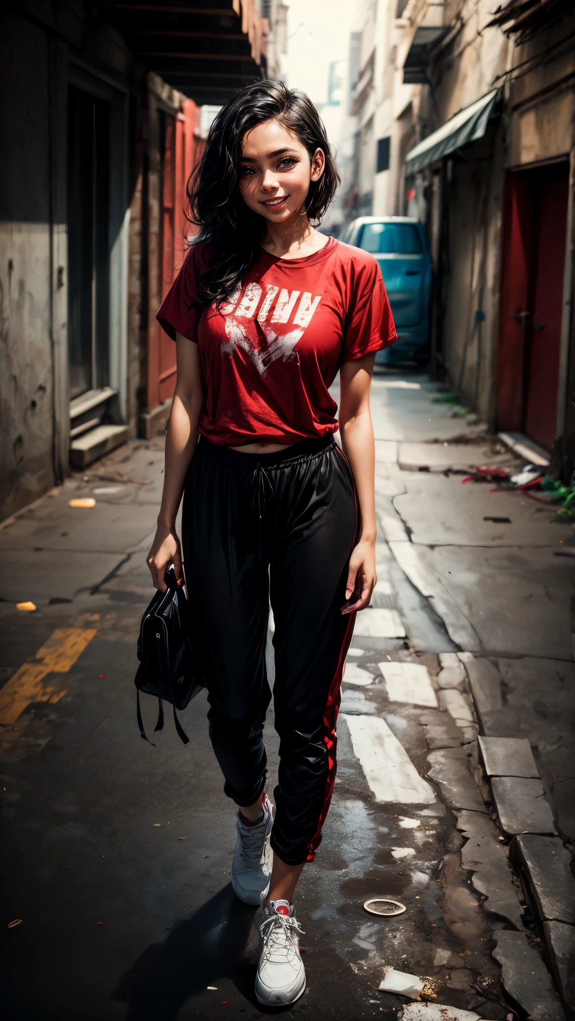 1girl, solo ,masterpiece, best_quality, photoshoot, looking at camera, young adult , happy expression, (porcelain skin), brown eyes, (black hair), (messy hair), red tshirt, black sweatpants, white skin, night, concrete background, leaning, full body, dj