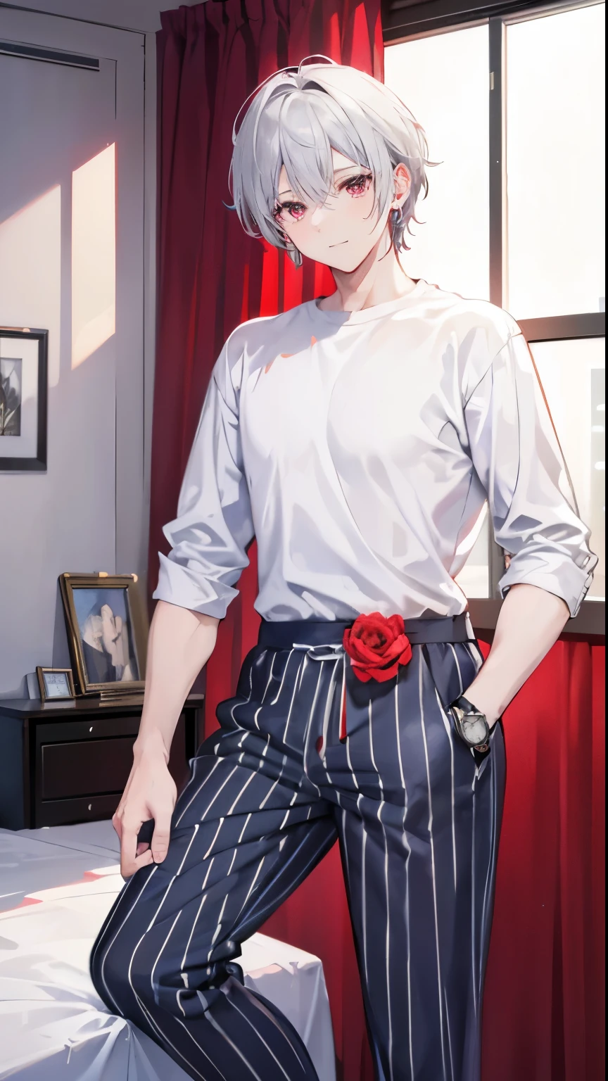 High resolution, 2D anime style,,cool men,red eyes,beautiful eyes,beautiful face,short hair,silver hair,Striped pajamas,I'm wearing long pants,Beautiful watch,beautiful earrings,he is smiling a little.Standing in the bedroom.