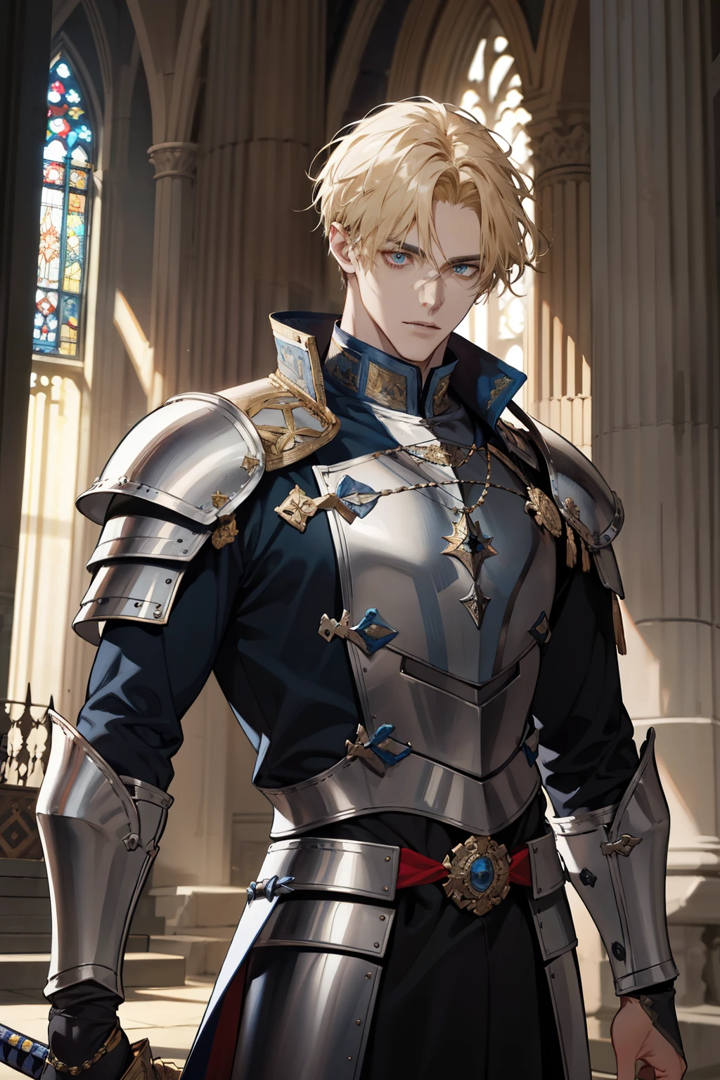 (absurderes,A high resolution,ultra - detailed),1male people,king arthur,AS-Adult,handsome,Tall muscular man,a broad shouldered,Fine and detailed eyes and detailed face,Short blonde hair,cavalier,armour,With a big sword,sankta,cathedrals,religion,exalted,battlefiled