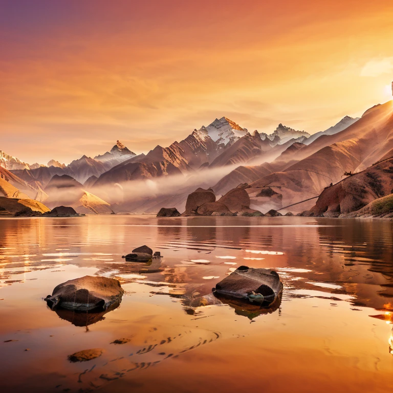 "Create a high-resolution digital artwork depicting the serene moment of sunrise casting warm hues over the majestic Himalayas capturing the tranquil ambiance against the emerging dawn sky."