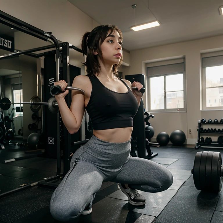 Cristin Milioti doing squats in the gym with tight leggings