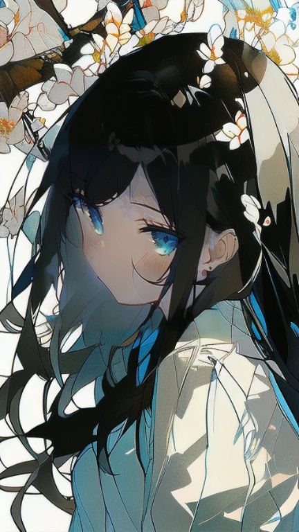 (4K works、(highest quality)、((Daytime walk))、During a walk、Woman with well-formed features、cute,beautiful,((Adult female 26 years old))、cool woman、expensive、((wild look))、((strong eyes))、((expression of anger))、((Black long sleeve and long pants style))、((Adult Sweater Fashion))、((face becomes smaller))、because I'thin、((bad girl))、(((Sky blue long hair))、((Photographed from the side diagonally))、((shot alone))、((solo photo))、((She stands in the middle))、((model pictures)),cherry blossoms,pure white background,white skin