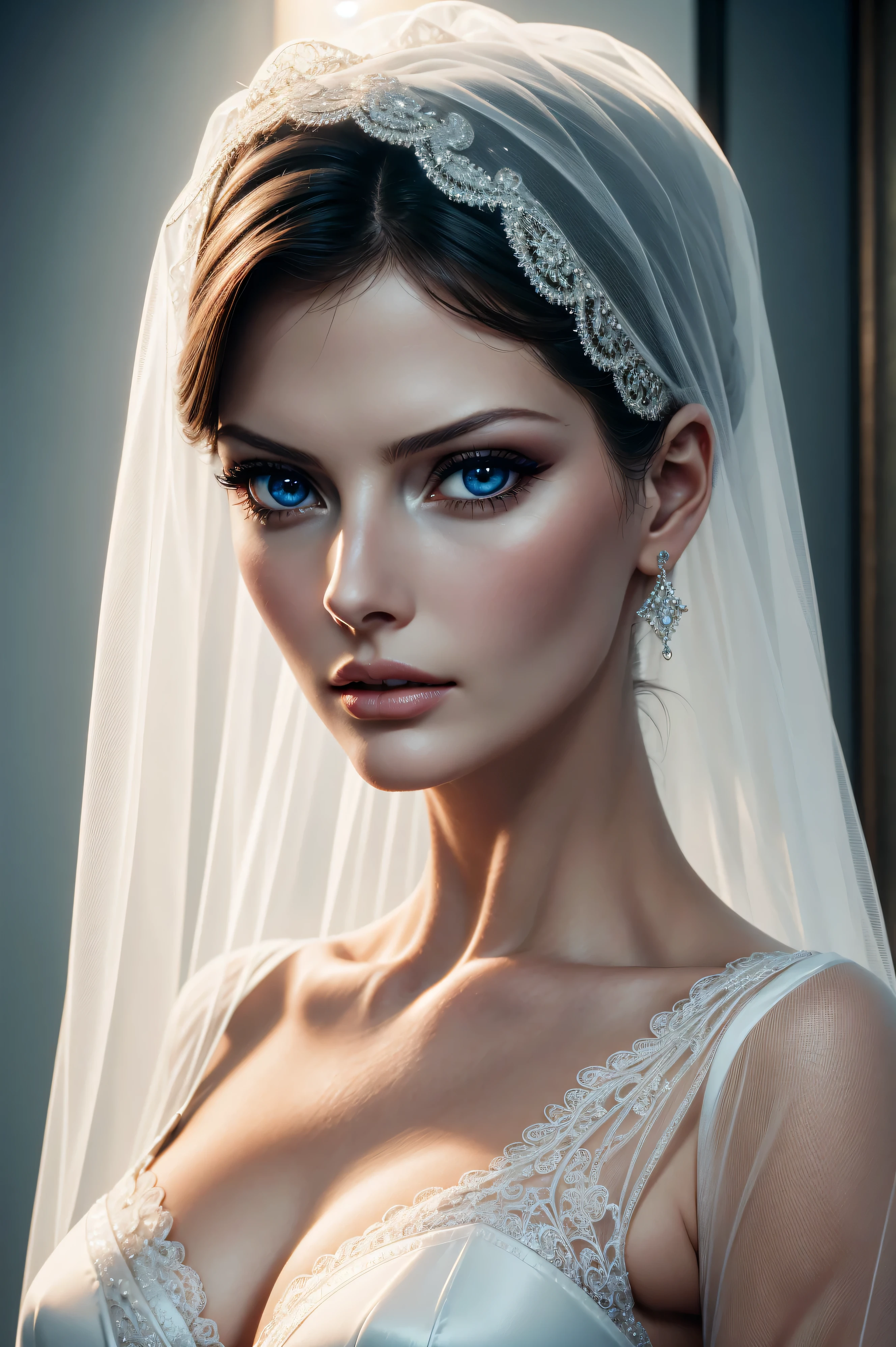 Linda Evangelista, wearing veil bride costume transparent. professionally retouched, soft lighting, realistic, smooth face, perfect eyes, sharp focus on eyes, 8 k, high definition, insanely detailed, intricate, elegant. in a natural background.