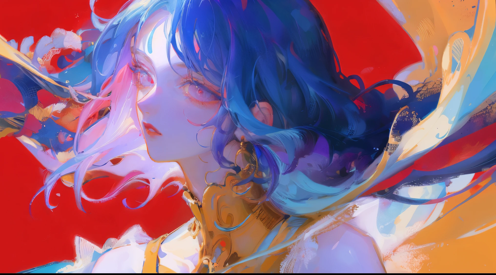 (high quality, vivid colors, high resolution), fragile girl,soft pink eyes,long eyelashes,beautiful detailed lips,standing against a vibrant red background,with light blue hair,wearing yellow clothing, in an illustration style.