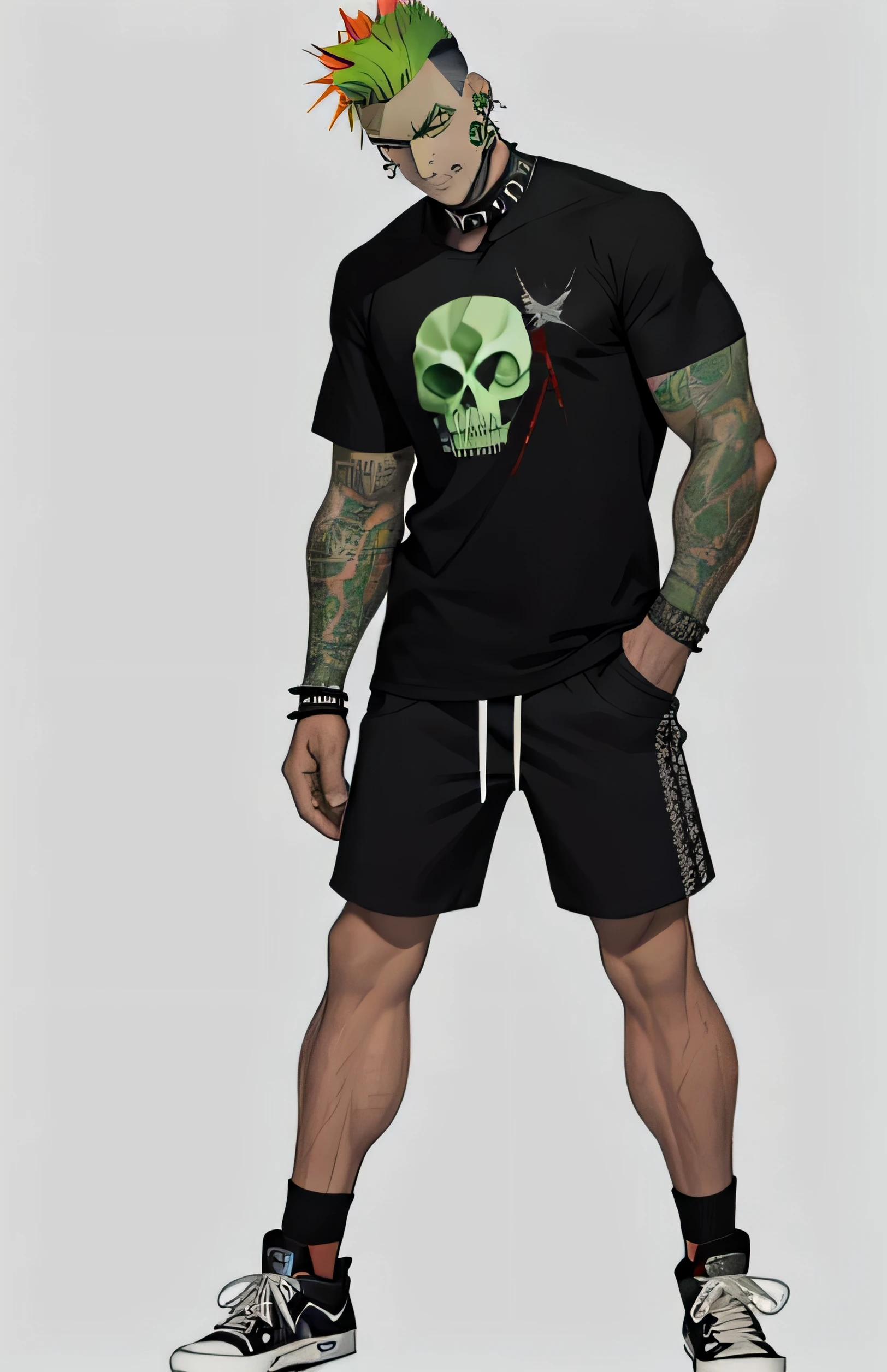 Full body portrait of Dunc@n man, (((detailed face))) mohawk, spiked choker, facial hair, eyebrow piercing, earrings, green hair, multicolored hair, annoyed expression, black shirt, masculine, (no background:1), (red:2 converse shoes), bridges, black t-shirt with skull,