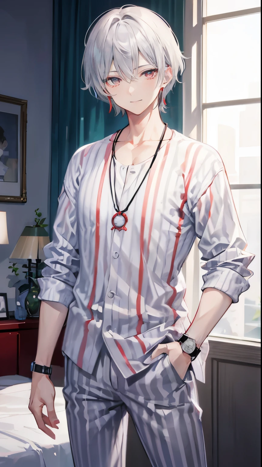 High resolution, 2D anime style,,cool men,red eyes,beautiful eyes,beautiful face,short hair,silver hair,Striped pajamas,I&#39;m wearing long pants,Beautiful watch,beautiful earrings,he is smiling a little.Standing in the bedroom.