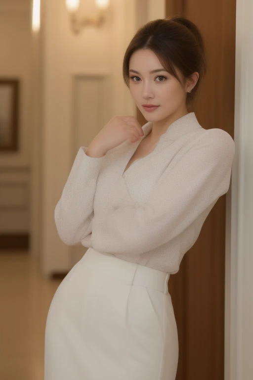 (masterpiece,best quality:1.5),ultra realistic,32k,RAW, waist up pose , pose 1.4 to camera , various shot angle ,(high detailed skin:1.2), 8k uhd, dslr, high quality, film grain,soft light ,pretty lady, royal style, silver  accessories, sexy, ( ), DayGlo yellow buttoned shirt , low ponytail ,(sexy),hwgirl,
