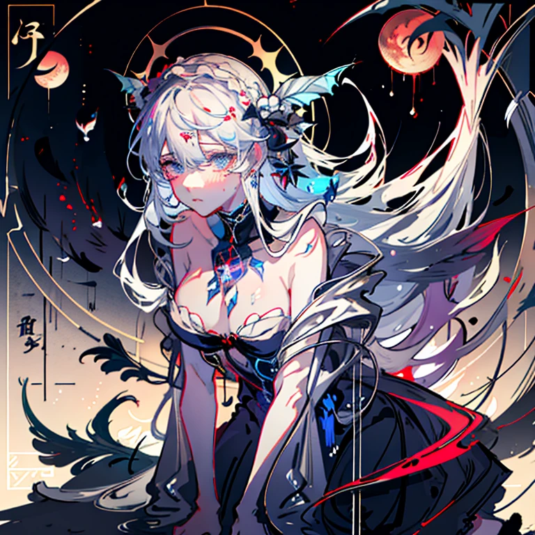 Body painting of a European female, kneeling down while crying angrily, black burn scar on the whole left side of her body, long hair, very messy hair, silver hair, dark blue eyes, white diamond pupil, sharp black claws on her left hand, thorny frame, Decorative panels, abstract, night time, artistic, by Alphonse Mucha (Masterpiece, Best Quality, Highres:1.4), Detailed, Intricate Details, 4K, color splashes, line art, 4K,Complicated details,HighestQuali,A woman in a robe sits alone,looking at the distance,The tone suppresses anger,deep colour,black in color,Deep black,purpleish color,Mountains and mountainagia,The feeling of loneliness,repression,Tattered tunic, Outrageous resolution、hight resolution、(masterpiece:1.4)、ultra-detailliert、1girl in、Red Moon、A frustrated look on his face、Crying、Tears run down my cheeks、irate、A look of indignation、Face up、Big red moon on background、Install a magic barrier、barrier、Wall of the heart、Build a wall、Floating hair、spaces、Black Dress、floating、 --v 6