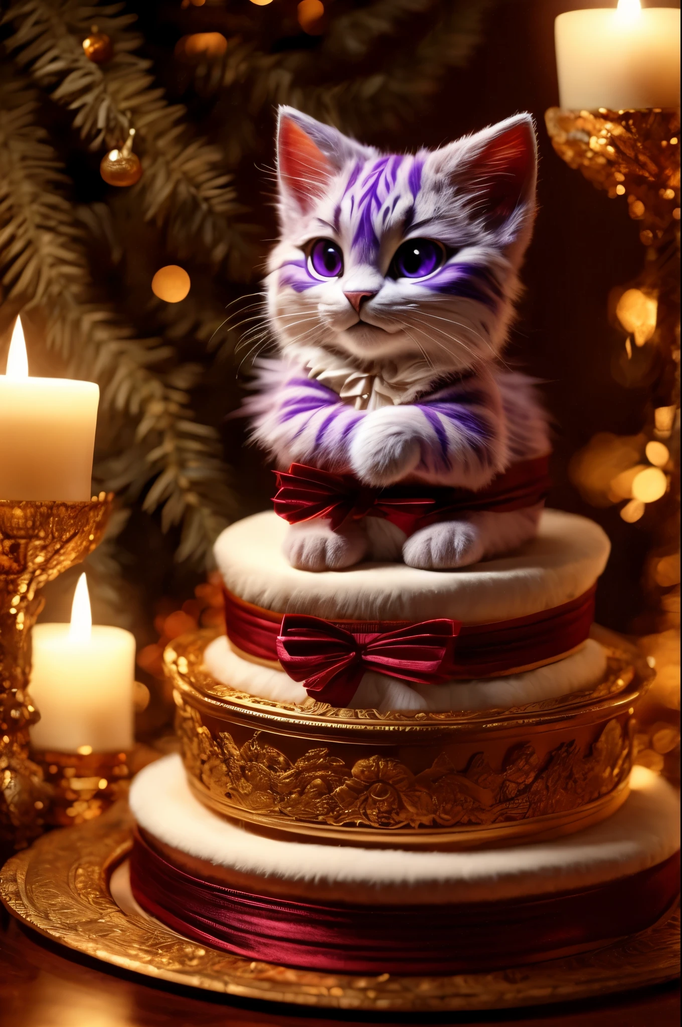 Create a realistic print, cute kitty pink with purple stripes, highly detailed and intricate, ornate satin ribbon, luxurious, small cake, gift, holiday details