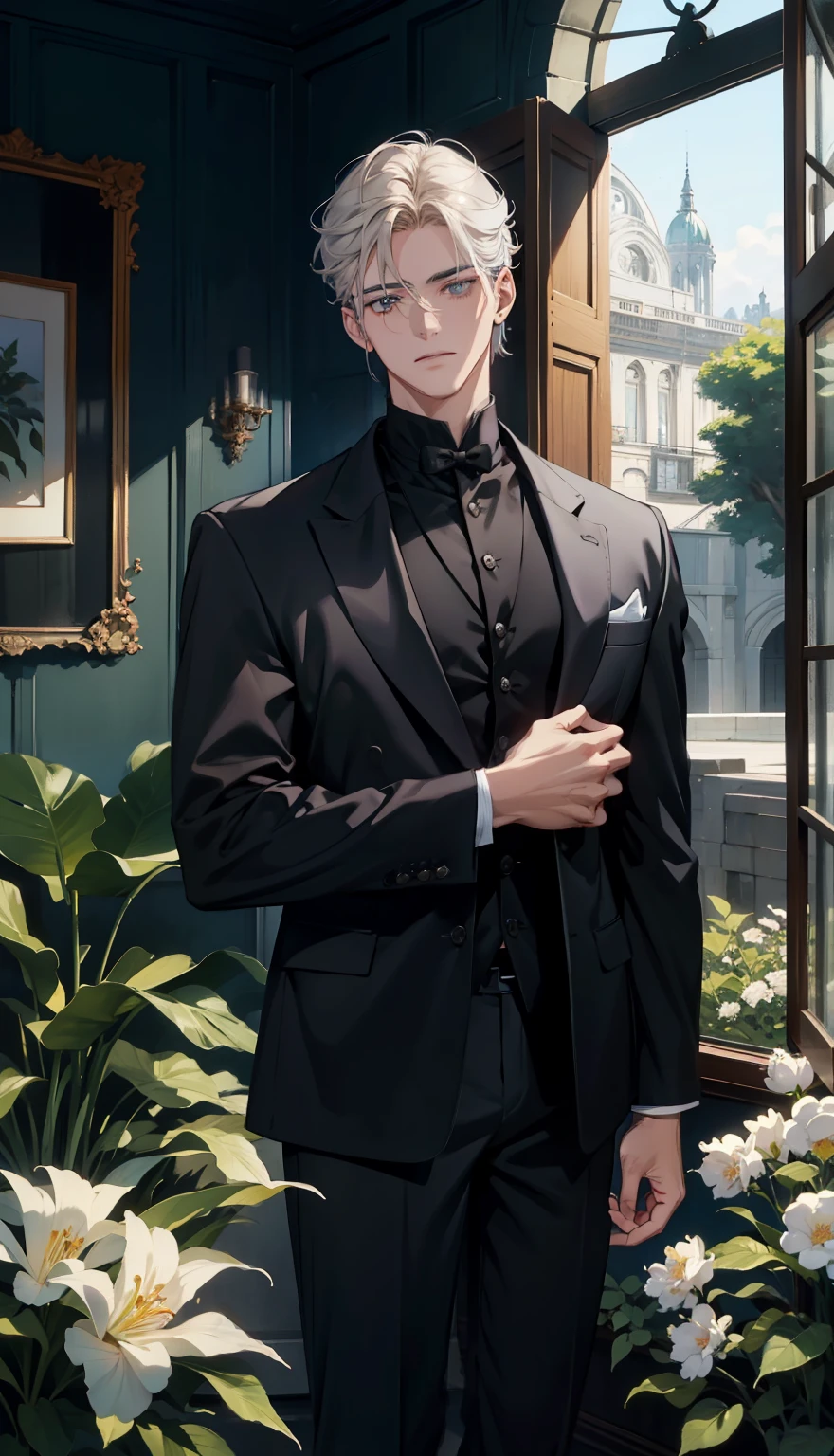 1 ,Macho,pale young boy,plantar,flores,Baixo contraste de tela,Claridade alta,cabelo preto,copos,olhos azuis,soft light illumination,foco suave,, Anime Seios grandes, Impressionism, film lighting, fechar-se, ultra high definition, obra de arte, Alto detalhe,livro