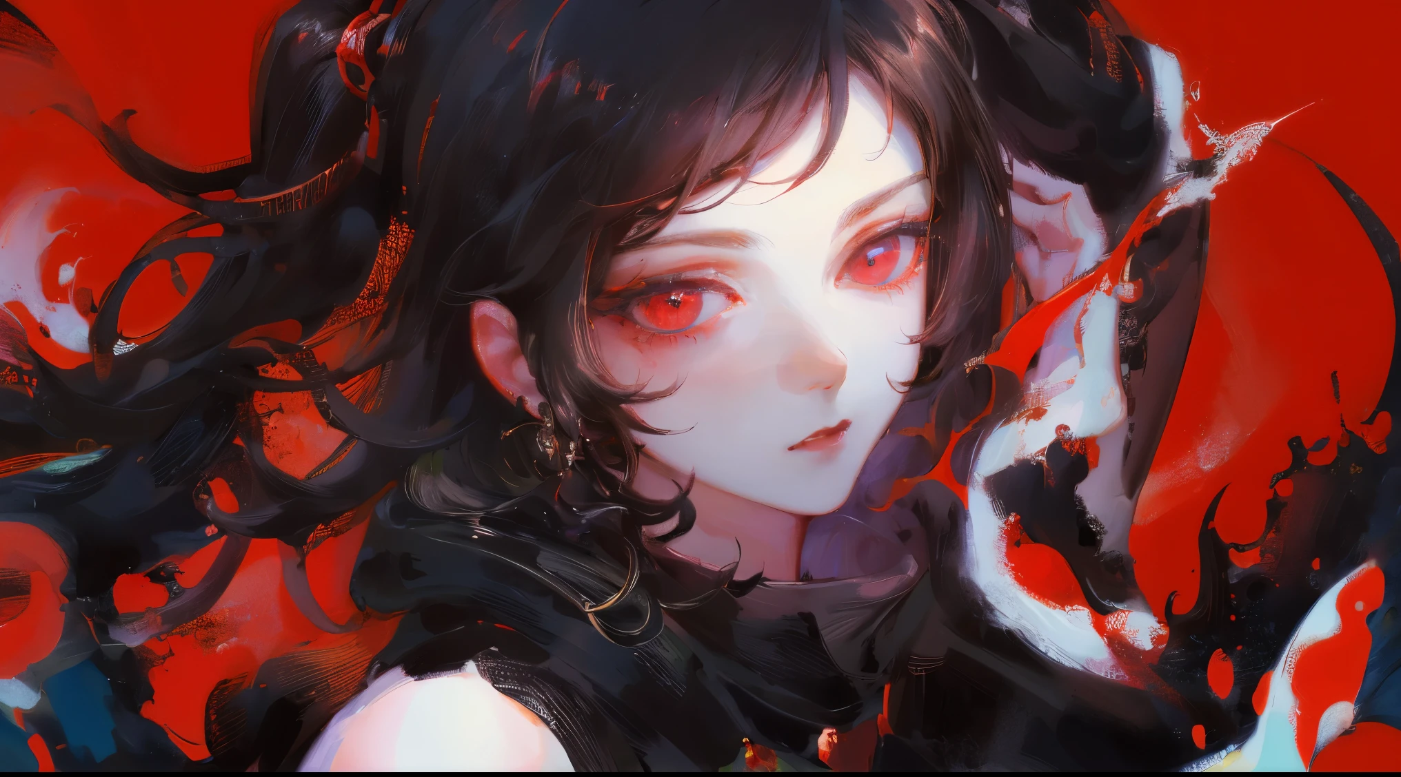 Red-eyed girl with black hair wearing black clothes on a red background. (best quality,4k,8k,highres,masterpiece:1.2),ultra-detailed,realistic:1.37, vivid colors,sharp focus, portraits, dark lighting.