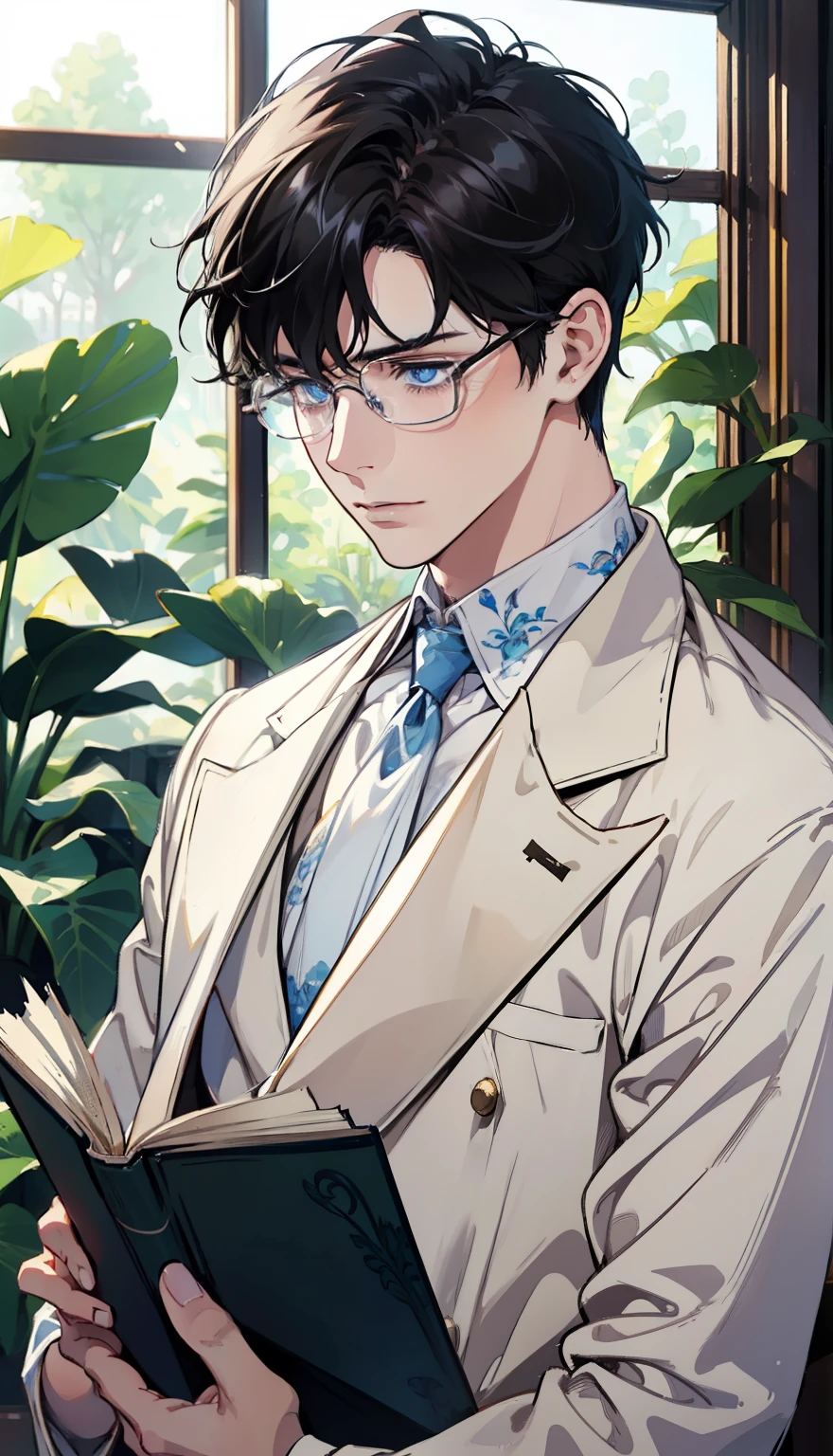 1 boy,male,young people,pale boy,plant,flowers,Low screen contrast,high brightness,Black hair,Glasses,blue eyes,soft light lighting,soft focus,, anime big breasts, Impressionism, movie lighting, close up, ultra high definition, masterpiece, high detail,book