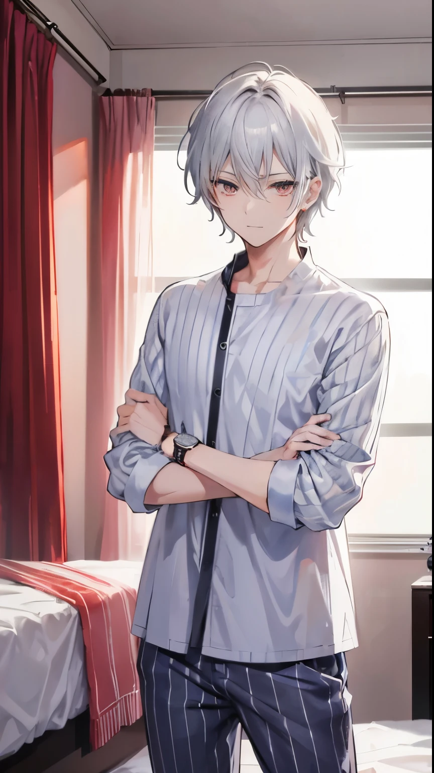 High resolution, 2D anime style,,cool men,red eyes,beautiful eyes,beautiful face,short hair,silver hair,Striped pajamas,I&#39;m wearing long pants,Beautiful watch,beautiful earrings,he is smiling a little.Standing in the bedroom.