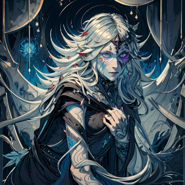 Body painting of a European female, kneeling down while crying angrily, black burn scar on the whole left side of her body, long hair, very messy hair, silver hair, dark blue eyes, white diamond pupil, sharp black claws on her left hand, thorny frame, Decorative panels, abstract, night time, artistic, by Alphonse Mucha (Masterpiece, Best Quality, Highres:1.4), Detailed, Intricate Details, 4K, color splashes, line art, 4K,Complicated details,HighestQuali,A woman in a robe sits alone,looking at the distance,The tone suppresses anger,deep colour,black in color,Deep black,purpleish color,Mountains and mountainagia,The feeling of loneliness,repression,Tattered tunic