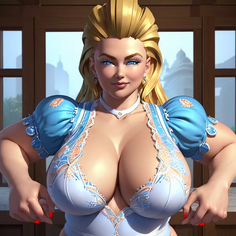 (intricately detailed, highest quality, High resolution, highly detailed skin:1.4), (motherly smile:1.1), living, m4rytbl, (chubby woman:1.1), blue eyes,lips,big butt,Thigh, (Long blond hair slicked back:1.1),  exposed chest,white panties