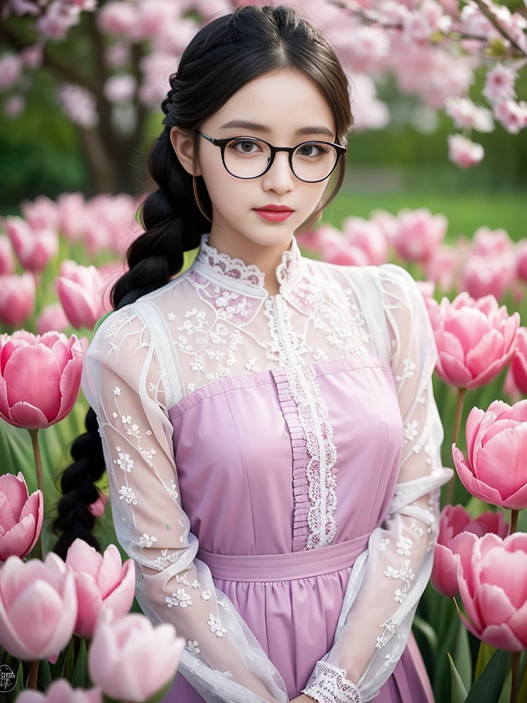 (Surreal), (Enlightenment), (High resolution: 32k), (Best Best Illustration: top-quality), (Very detailed and intricately woven), (Masterpiece: a transcendent work), (beauty/Beautiful and delicate eyes: almond-shaped with double eyelids), (Detailed textures: facial and skin), solo,
Sprinkled with petals, melting into the crowd,
Surrounded by admirers, ink-blot eyes,
Clasping a hairpin twist braid ball, donning big frame glasses,
A fairy amidst pink tulips, lace print embroidery see