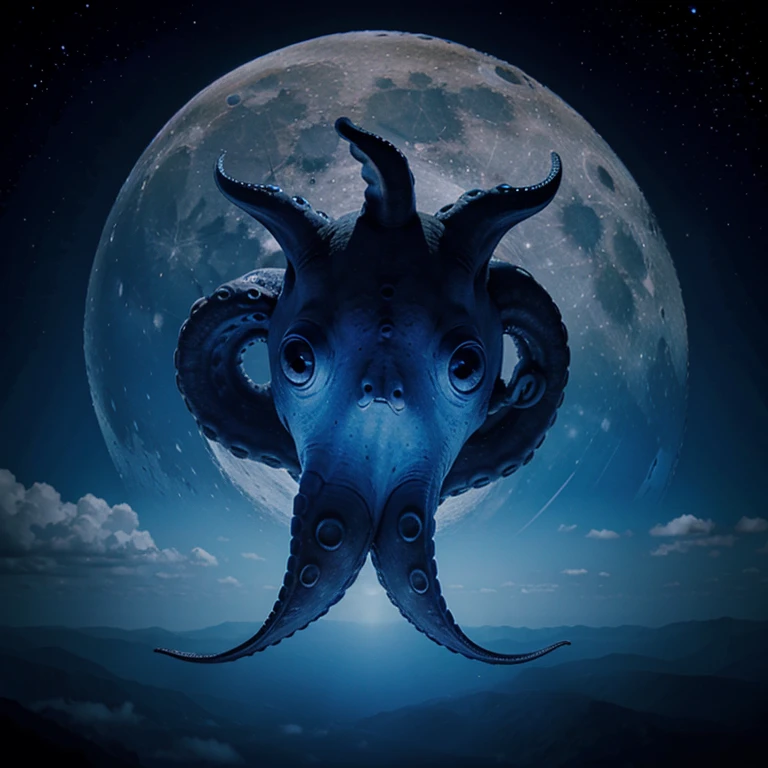 Moon in the form of a blue huge octopus in the sky