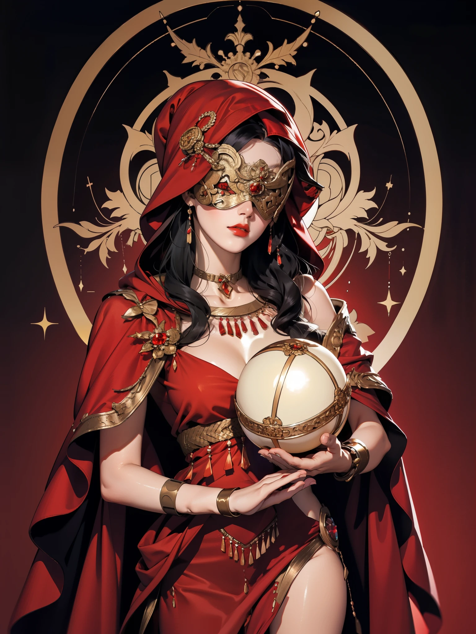 realistic:1.4, hood up:1.2, black hair, covered eyes:1.2, long hair, hair over shoulder, robe, blind mask:1, red danceroutfit, red clothes, crystal ball, sphere, cape, cleavage, 1girl, solo, (masterpiece:1.6, best quality),
