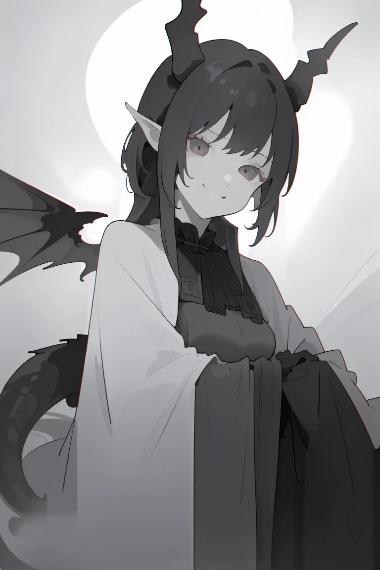 (outside, scary castle, raining, evening, soft light, dim lit, moody vibe, horror \(theme\), ), (insanely detailed, beautiful detailed face, masterpiece, best quality), 1girl, succubus, demon girl, mature female, (black hair), pink eyes, grin, smirk, demon horns, black tail, black demon wings,