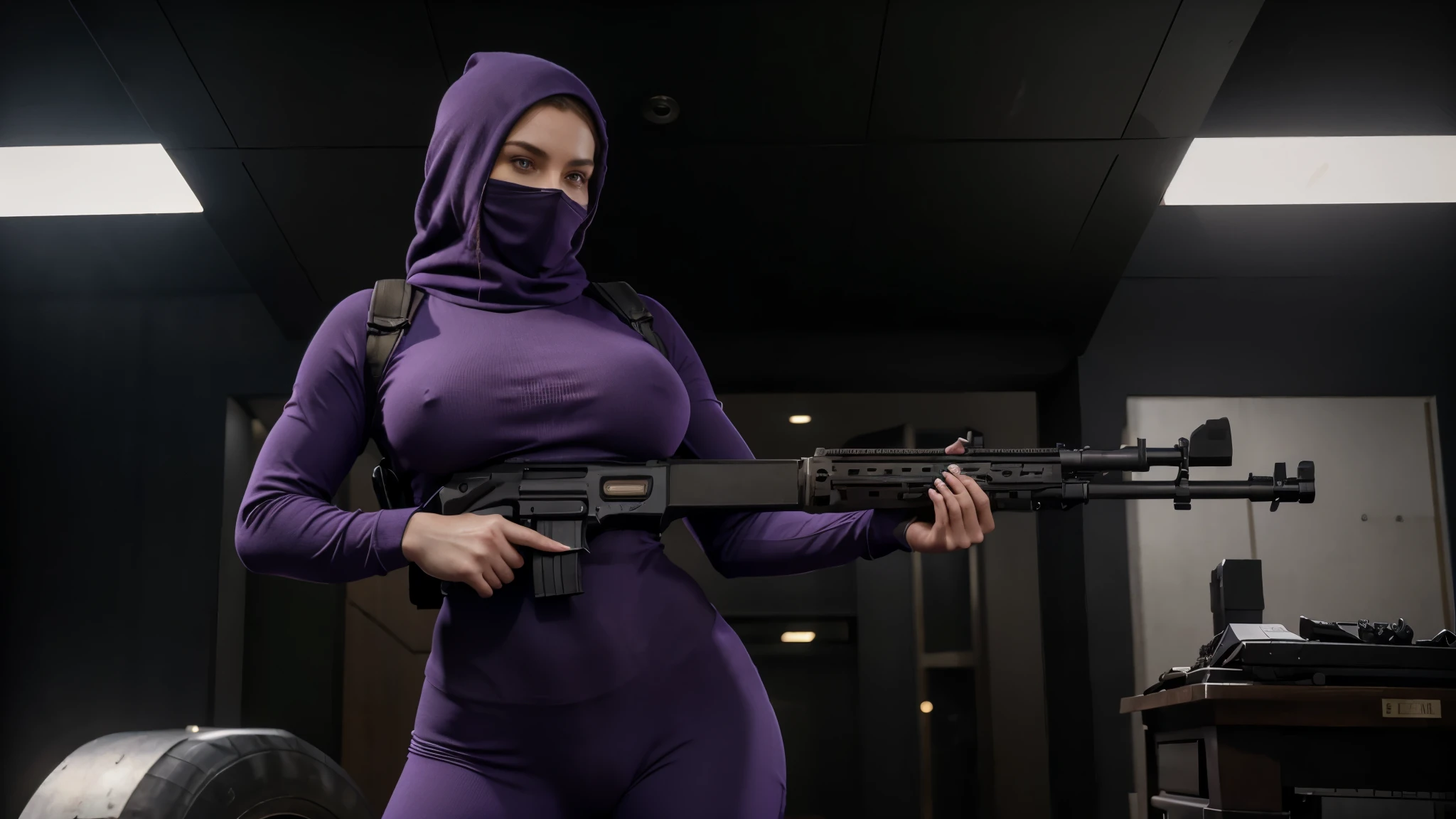 hyper realism, 8k cinematic, 4k quality, great anatomy, detailed hands, proportion anatomy, no nudity, full body, curvy woman wearing ski mask and purple body armor, holding a large machine gun, gloomy bank setting