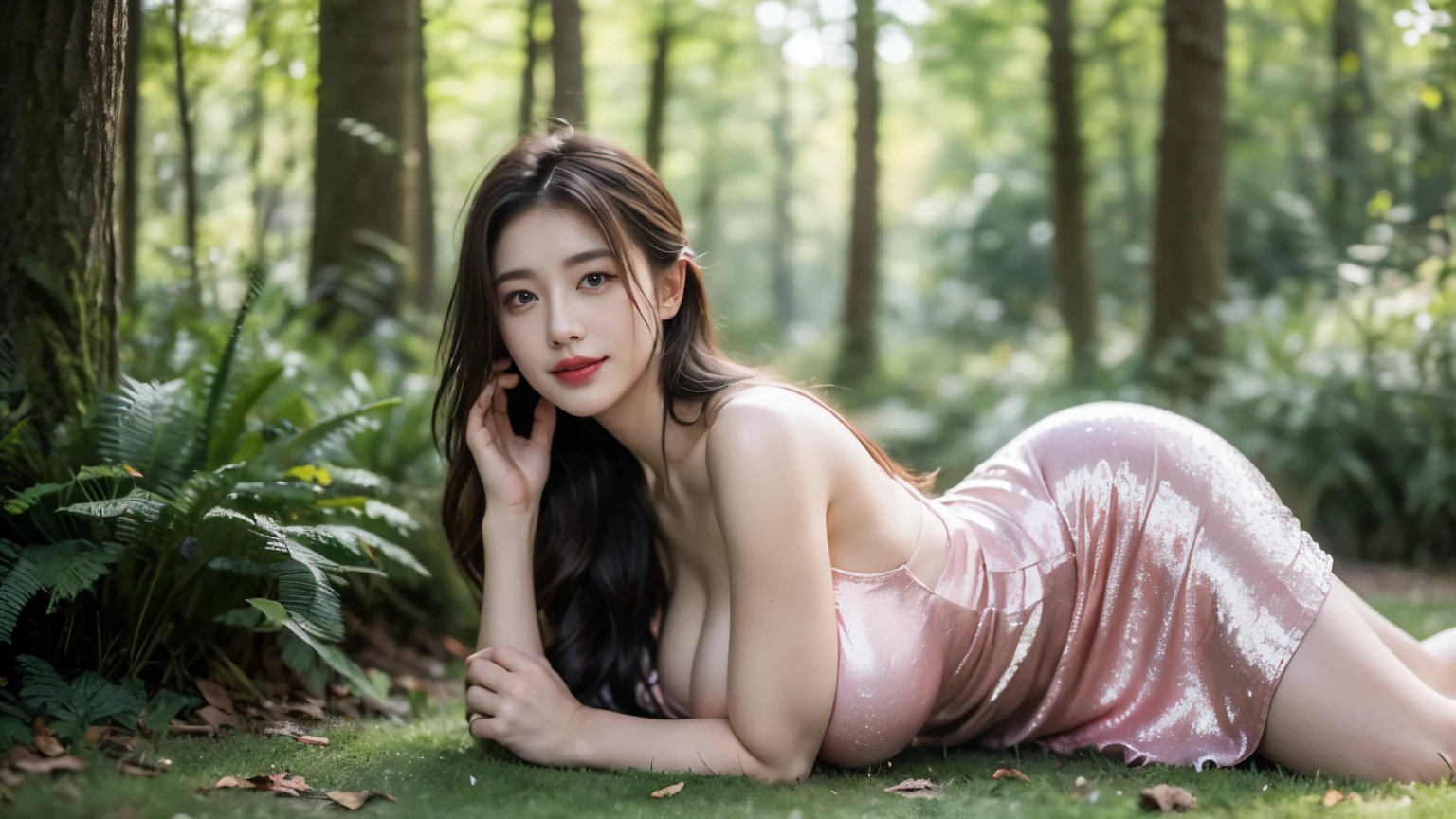 ((best quality, 8K, masterpiece :1.3)),(actual, lifelike:1.4), original photo, High resolution,lie down， Beautiful woman with perfect body :1.4, ((big breasts:1.5)),pink dress，in the woods，Full body photography，Smile，character-centered，