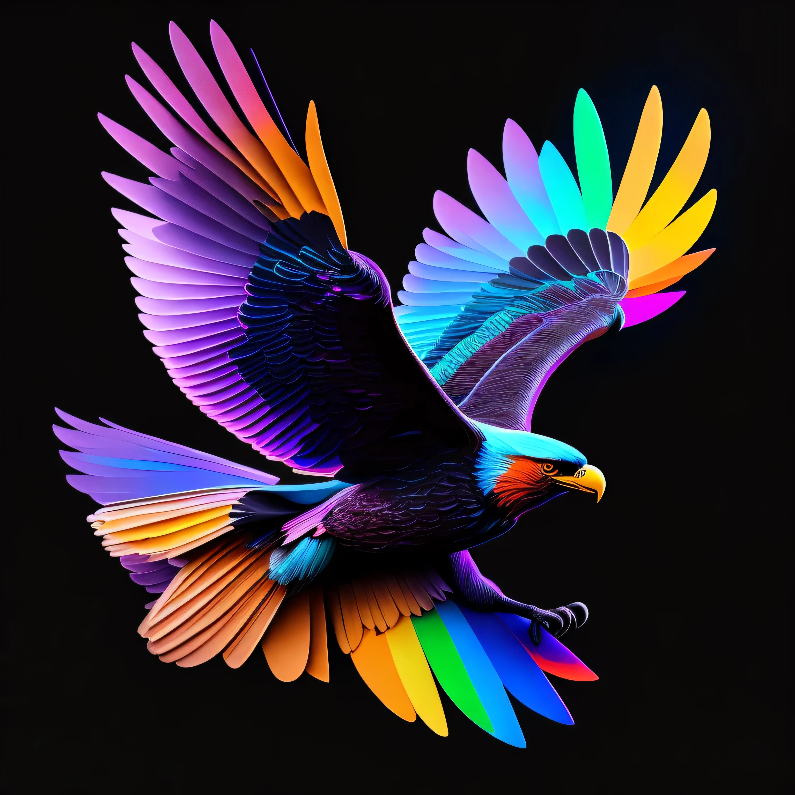 Complex and colorful, Flying Eagle、(digital painting:1.2) big eagle, Bright neon colored feathers, Flying with large wings and claws, concept art, octane rendering, Trends on ArtStation, neon noir background, iolibt, VFX, blender and photoshop, octane rendering, good composition, movie-like atmosphere, Dynamic and dramatic cinema lighting, beautiful, Very moving, Art House,(dark plain black background:1.4))