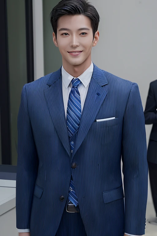 (masterpiece: 1.2),(computer generated art:1.3),(actual:1.5),(post processing:1.3), (sharp focus:1.3)1 man smiling.Korean men, (High gloss details), Broad shoulders, looking at the audience, balance eyes,Standing outside, There are one or two colleagues in the back.