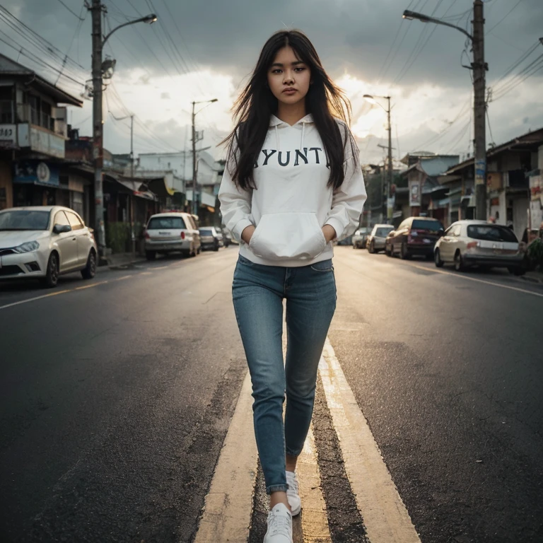 seorang wanita cantik asia , sedikit chubby, rambut terbawa angin, memakai Hoodie Zipper putih bertuliskan "Yuni" celana jeans panjang ketat, sepatu putih, sedang berjalan , latar belakang Sebuah jalan yang panjang dan kosong dengan garis kuning di tengah, diapit oleh dua baris mobil yang terparkir. Langit gelap dan berawan, dengan sedikit cahaya mengintai melalui awan. Jalan diterangi oleh beberapa lampu jalan.