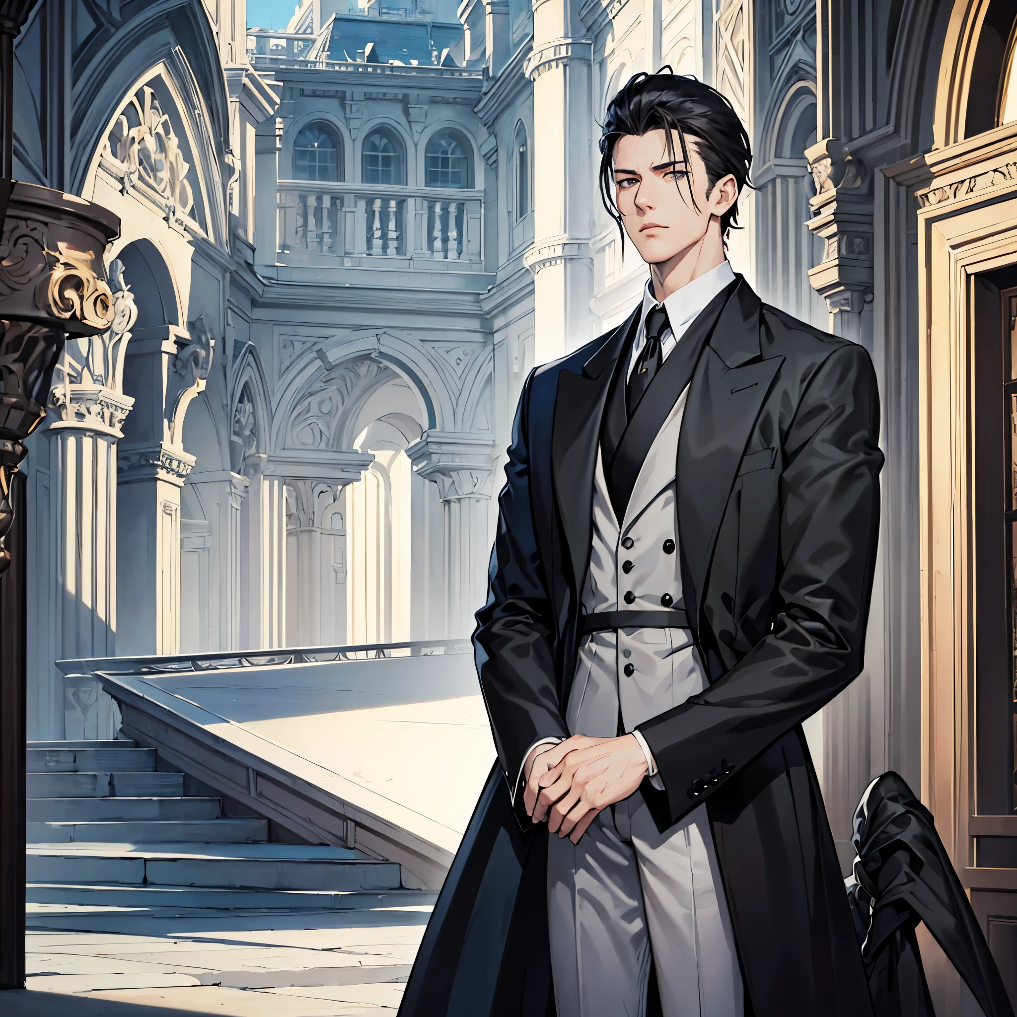 handsome anime tall man in black stylish suit, expressive posture, grey eyes and platinum neck-length hair, with a mansion in the background, neutral expression, sharp features, semi-realistic, staring into the distance, blurred background, 8k, masterpiece, close-up shot, 1boy
