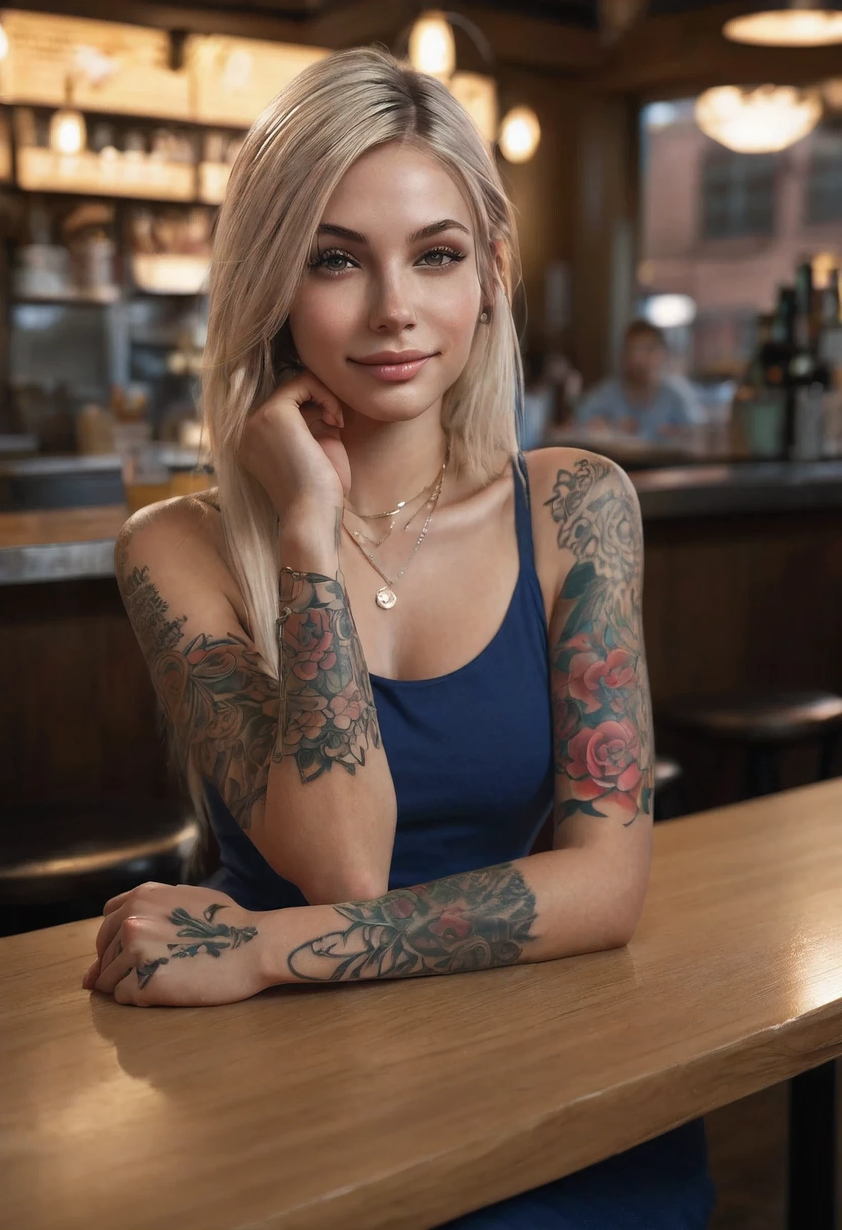 (realistic,tattooed,blonde:1.1)detailed girl(realistic, photorealistic:1.37),straight hair,detailed eyes, exposed and detailed arms (best quality,4k,8k,highres,masterpiece:1.2),wearing a dress,fine lines tattooed on both arms, sitting in a snack bar,hands on the table,lit by warm golden light,smiling face,relaxed pose,delicate facial features, looking at the viewer,perfect hands, detailed hands, detailed harms, detailed tatoo.
