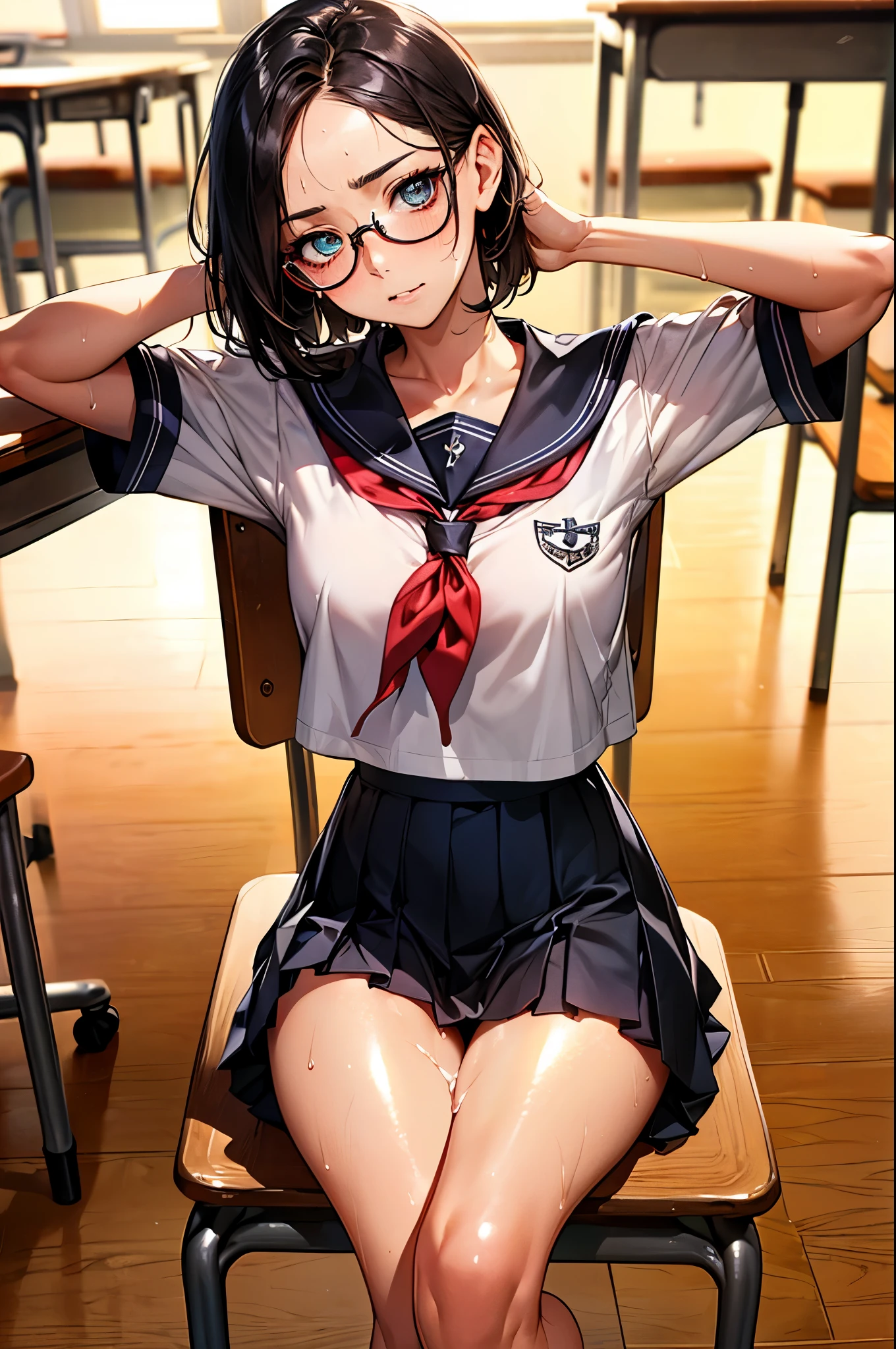 nsfw,((perfect anatomy:1.3,realistic:1.3,RAW Photography:1.3,masterpiece、highest quality、Ultra - High resolution、High resolution、Highly detailed CG、8K)),cowboy shot,1 female,solo,18 year old beauty, Japanese、((beautiful detailed face and eyes:1.2,big gorgeous eyes:1.2,black rimmed glasses:1.2))、black hair,short bob hair,(center parted hair:1.4,forehead),medium breasts,slender body,small head:1.3,skinny,(oily skin,gleaming skin,shiny skin,sweat:1.5),(Student uniform、sailor suit、short sleeve、Black sailor collar、Red neckerchief,pleated mini skirt、white panties、love juice:1.7、camel toe,bare legs),sitting,spread legs:1.5,arms up,Simple desk and chair、classroom、