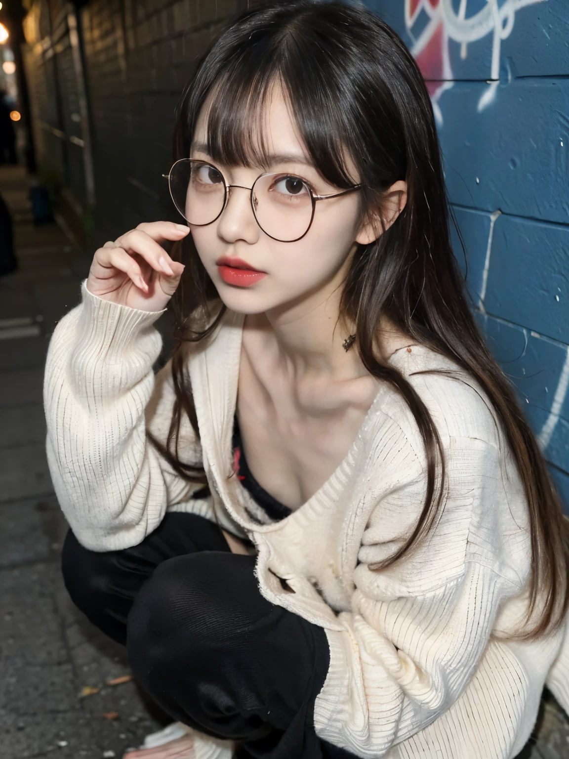 raw photo, 8k, (top-quality), Realistic, (real picture, Intricate details), (natural skin texture, detailed skin, hyper realism, sharpness), (glasses Japanese teenage girl squatting in a dirty back alley at night, graffitied wall:1.3), ((white hand-knitted sweater, v-neck sweater, munechira)), (pale skin:1.2, slender body), ((long straight hair, blunt bangs)), (glasses seductive face, provocative look, Parted lips:1.3, eye bag:1.2, red thick lips), graffiti:1.5, night time, spot lighting:1.3, upper body shot