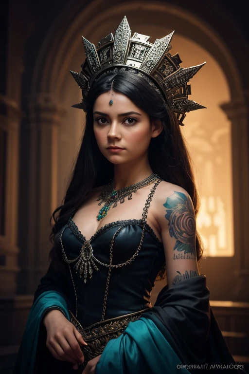 mulher negra,[rainha_tatuagem], vivid colors, Atmospheric,sorrir, elegante, Borboletas, flores florescendo, em movimento,Detailed medieval gothic portrait of cyberpunk style, futurista (Neon light: 1.1) Desgaste reflexivo, scientific fiction, Robot Parts, Gold Parts, Face of the Cinematic Light Machine, reflexos, polido ef 50mm, ((arte por Greg Rutkowsky)), (ghibli studio :1.1), Artgern, arte, illustration, ((Ambiente escuro)), ((Vegnette)), ((HDR)) ((Minimum palette colors)), tons suaves, cores suaves, cores escuras, calmas, cores pastel altamente detalhes, dramatic and intricate details, corpo inteiro,PlayStation 5 graphics,rosto detalhado,Realistic texture, organic composition,Detalhador Furtástico,Foto bruta 8K,olhos perfeitos