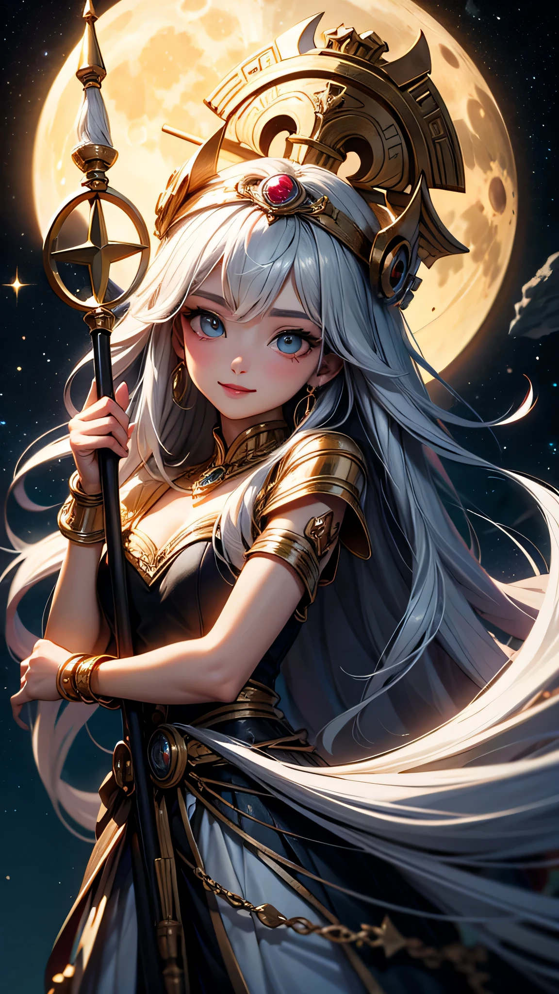 Masterpiece, Best Quality, Moonlit Silver Hair Color, Ethereal and Enigmatic, Cascading Curls with Lunar Ornaments, Celestial Sapphire Eye Color, Holographic, 1 Goddess, Athena, Tipping Head, Mystical Gaze, Serene Smile, Astral Realm, Ankh Staff, Greek Mythology, stars, (magic:0.7), (from the heavens:0.7)