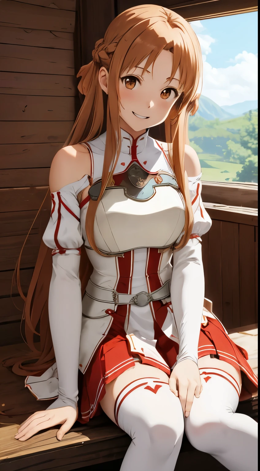 masterpiece, best quality, highres, aaasuna, long hair, brown hair, braid, brown eyes, bare shoulders, armor, breastplate, white sleeves, detached sleeves, red skirt, pleated skirt, white thighhighs, waving, smile, leaning forward, open mouth, town, fantasy