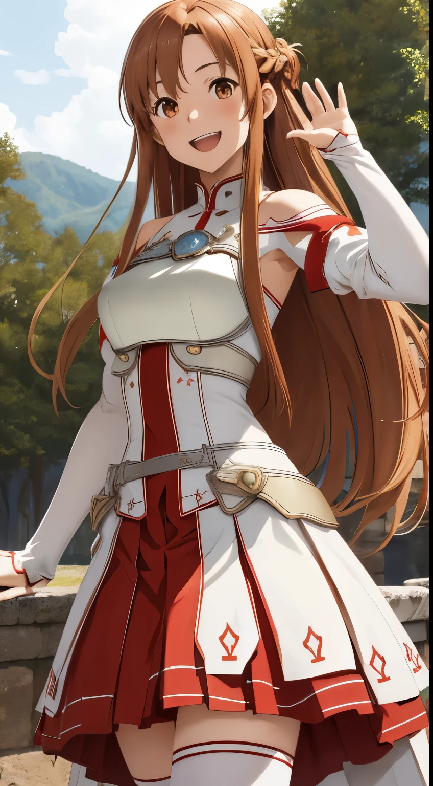 masutepiece, Best Quality, hight resolution, Asuna, Long hair, Brown hair, braid, Brown eyes, Bare shoulders, armor, breastplates, White sleeves, Detached sleeves, Red skirt, Pleated skirt, white thighhig, Waving, Smile, Leaning forward, Open mouth, Town, Fantasy World、