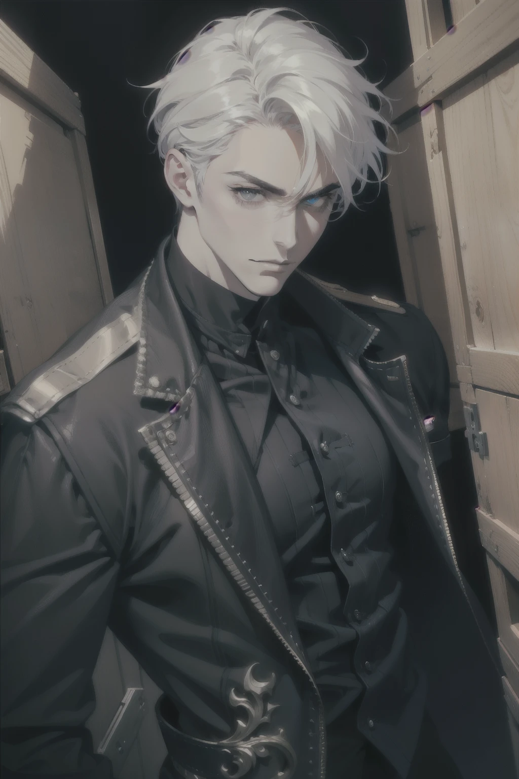 (masterpiece, best quality:1.2), (absurd res, high res, ultra detailed), 1 male, adult, handsome, tall muscular guy, broad shoulders, white hair, finely detailed eyes, portrait, looking at viewer, solo, half shot, detailed background, detailed face, (gothic), smirk, vampire, dark leather, high fantasy,, stealth, undercover, (crates in background), shadows, fog, (dutch angle), closed mouth,