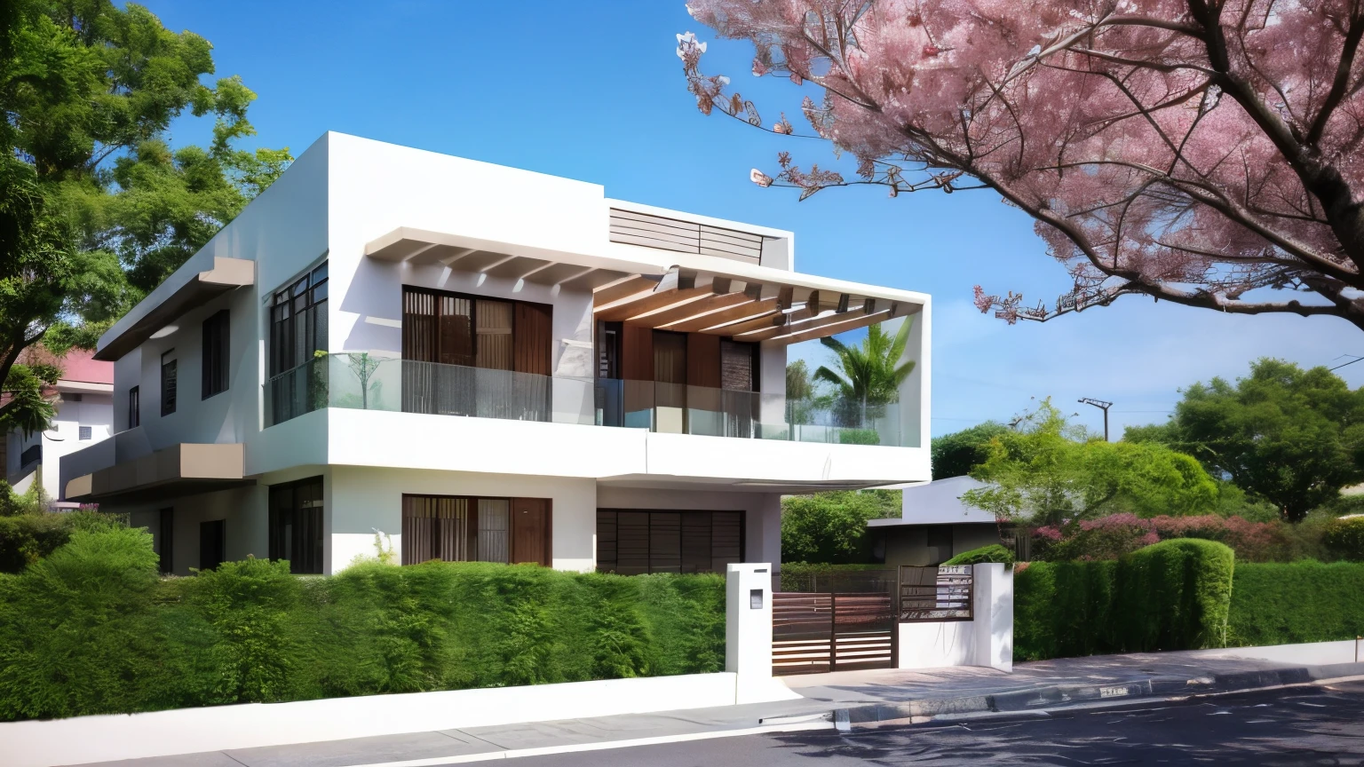 ((best quality)), ((masterpiece)), (detailed), Create a super realistic 3D rendered picture of a 2-storey modern White House. The house is 10 meters wide and set along a road lined with Tecoma and Pink Trumpet Trees in full spring bloom. Capture the scene with a fresh and bright tone, emphasizing the modern design of the house against the vibrant colors of the blooming trees.