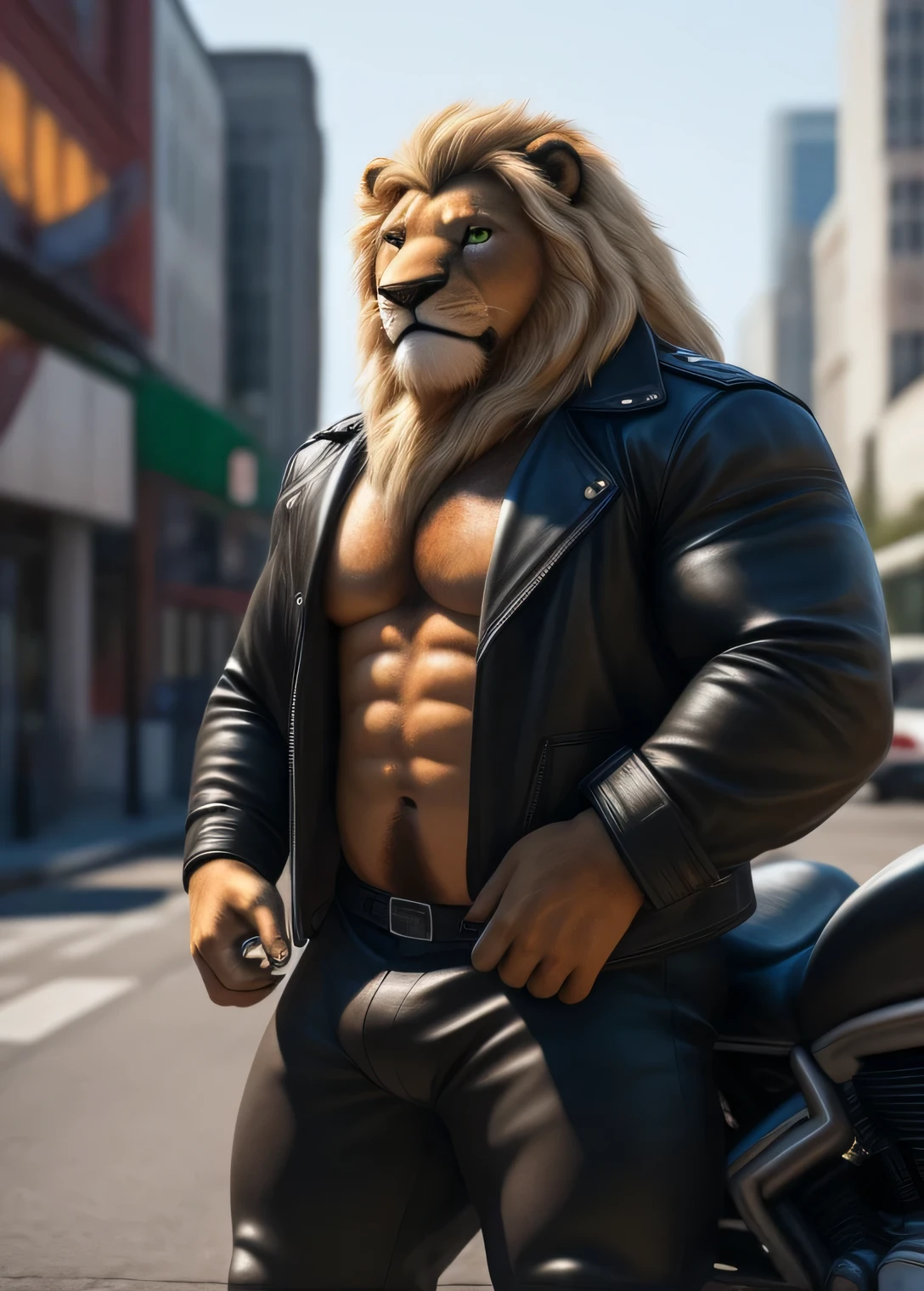 Lion, male, adult, long blond mane, brown beard along the jaw, green eyes, detailed eyes, detailed face, very muscular body, large pectorals, large biceps, broad shoulders, biker, open shirt, tight and tight pants , on a motorcycle, in the background of the street, looks at the viewer (intricate, high detail, film photography, soft focus, RAW candid cinema, photorealism, realistic, photorealistic, analog style, subsurface scattering, masterpiece, best quality, ultra realistic, 8k)