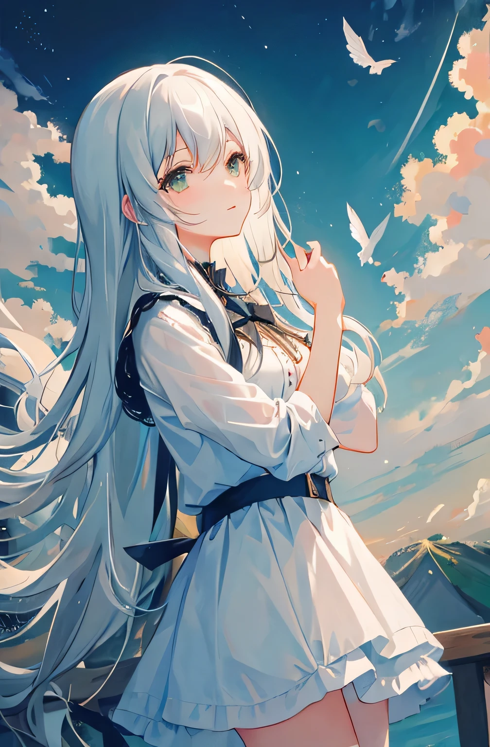 masterpiece, best quality, night, HILL, cloud, sky, long hair, Miss, birds.