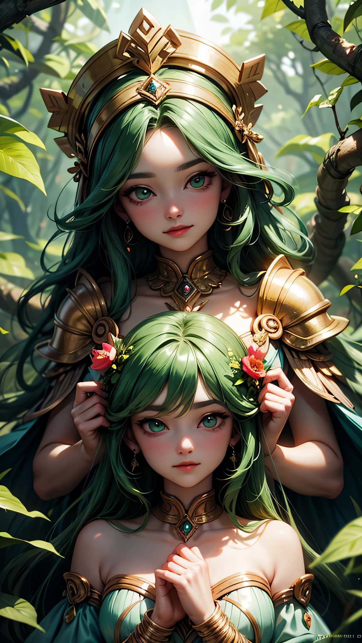 CG art of a beautiful sundanese girl, (marijuana goddess:1.2), (ganja princess:1.1), (marijuana leaf crown:1.2), cute girl, glamor pose, smirk, eyebrow up, (paint by SamDoesArts:1.3)