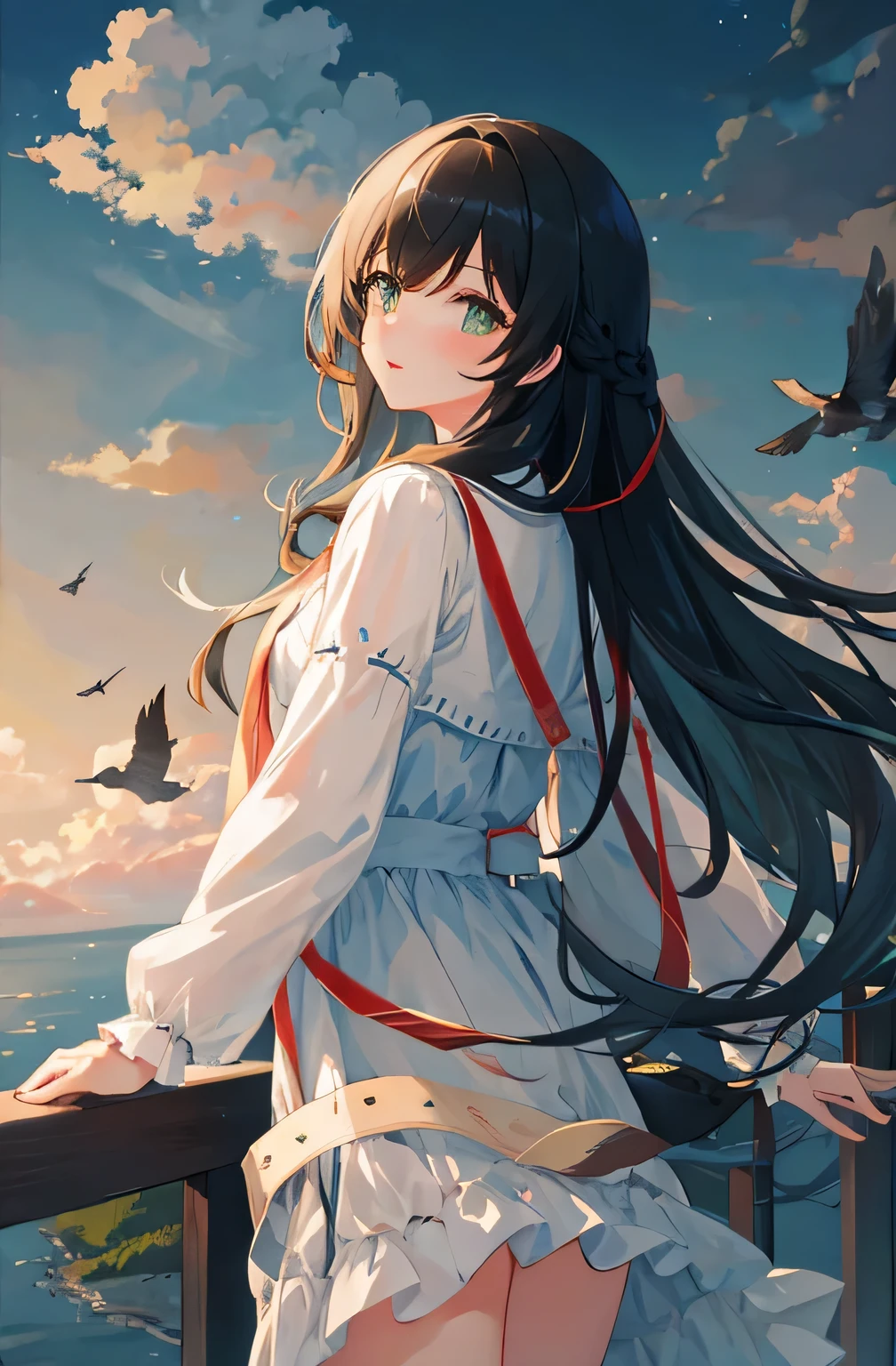 masterpiece, best quality, night, HILL, cloud, sky, long hair, Miss, birds.