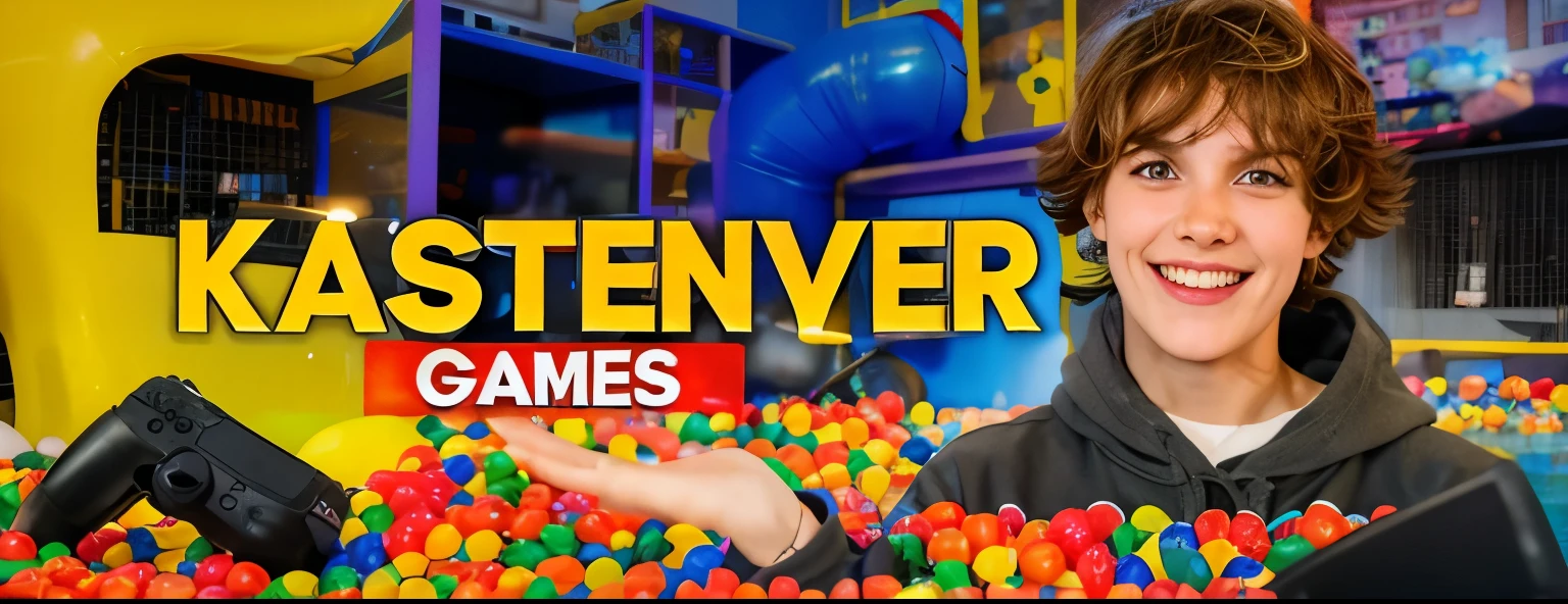 an entertainment room, text, a yellow slide in the background, lots of colorful balloons, a pool of balloons,glare.joyful emotions,game console,smile