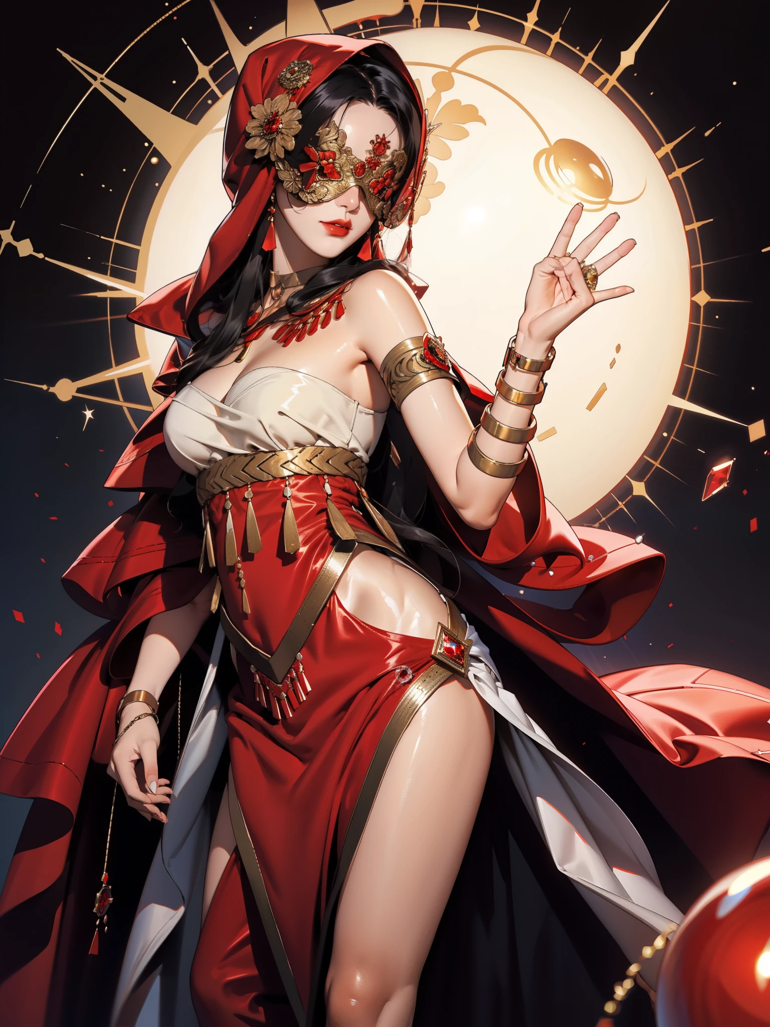 realistic:1.4, hood up:1.2, black hair, covered eyes:1.2, long hair, hair over shoulder, robe, blind mask:1, red danceroutfit, red clothes, crystal ball, sphere, cape, cleavage, 1girl, solo, (masterpiece:1.6, best quality),
