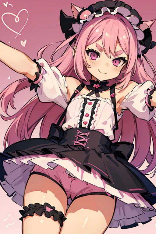 Girl with pink hair, long double-tailed hairstyle, ((small pink bushy eyebrows)), wearing ta clothing, shorts, marked vagina, loli(Zankuro) drawing style by zankuro artist, Zancro style, image uploaded to R34, flirty smile, take a selfie from below, close-up, (( showing pubis ))