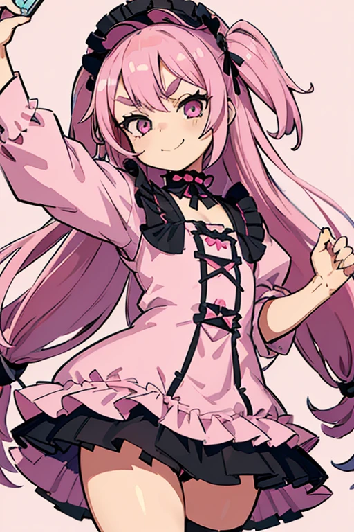 Girl with pink hair, long double-tailed hairstyle, ((small pink bushy eyebrows)), wearing lolita clothing, shorts, marked vagina, lolicon (Zankuro) drawing style by zankuro artist, Zancro style, image uploaded to R34, flirty smile, take a selfie from below, close-up, (( showing pubis ))