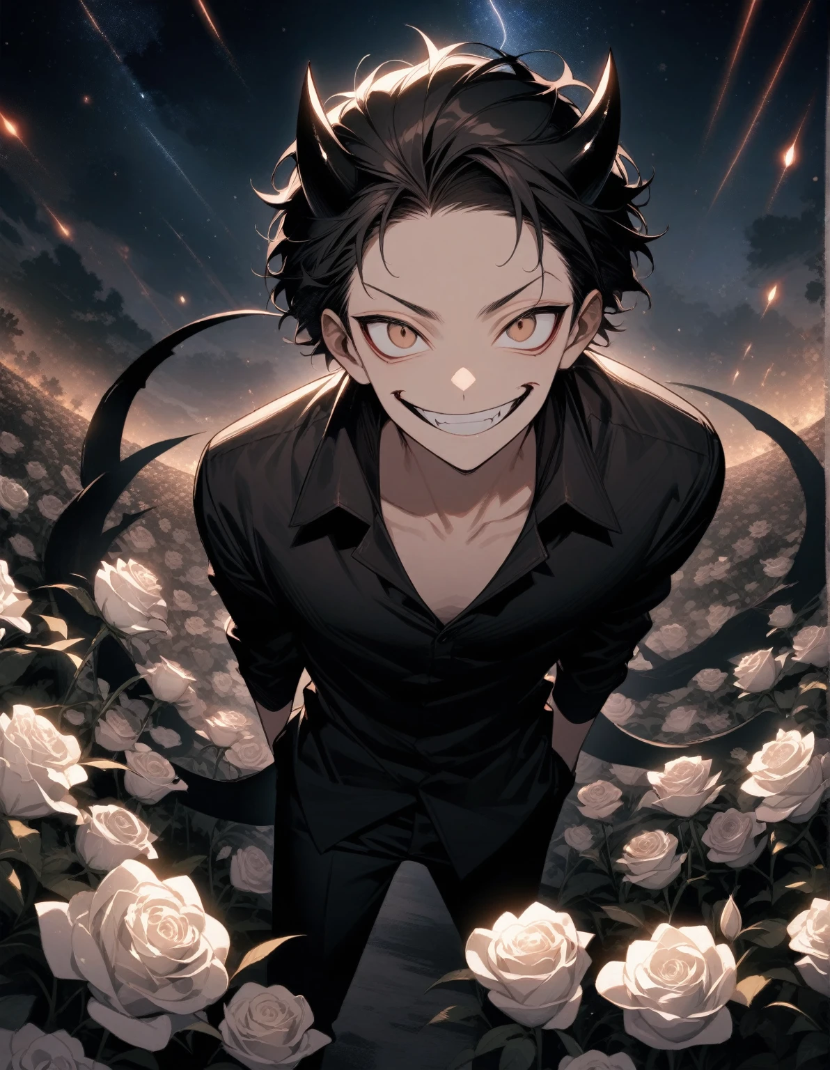 guy, slicked short hair, black hair, brown eyes, dressed in a black shirt with an open collar and black trousers, big demonic black wings and black small horns, demonic tail, looks at the viewer, manic smile, crazy look, laughs, stands outside, beautiful night sky studded with stars, meteor shower, flower field of white roses, delicate tones
