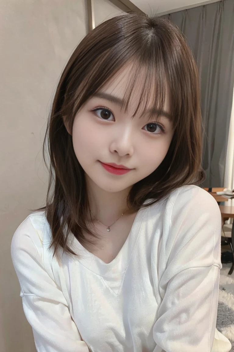 best image quality、highest quality、masterpiece、超A high resolution、8k、immature、photo-realistic:1.4、professional lighting、20-year-old、cute、middle hair、Slender、small breasts、AA bust、smile、white sweatshirt