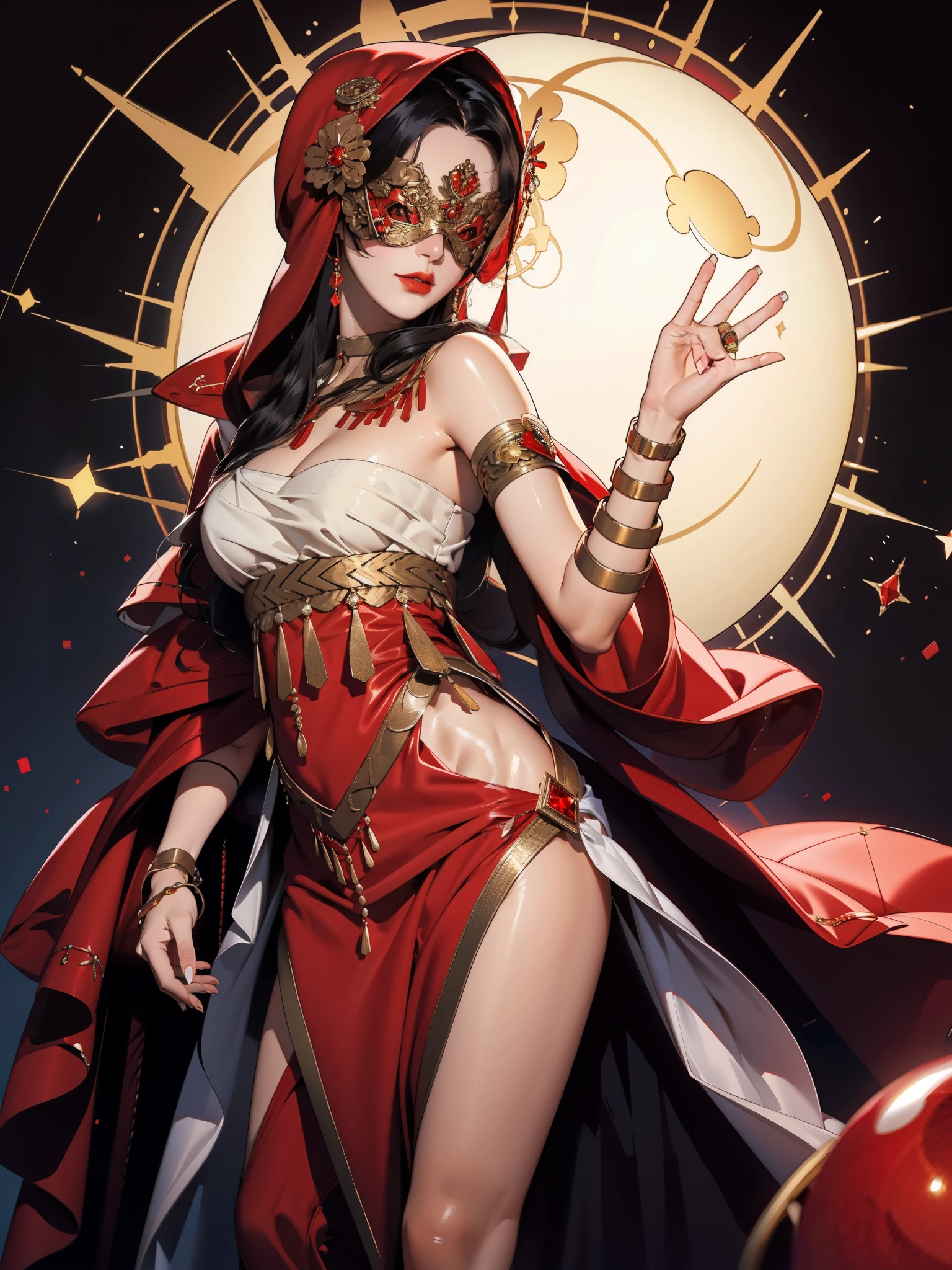 realistic:1.4, hood up:1.2, black hair, covered eyes:1.2, long hair, hair over shoulder, robe, blind mask:1, red danceroutfit, red clothes, crystal ball, sphere, cape, cleavage, 1girl, solo, (masterpiece:1.6, best quality),
