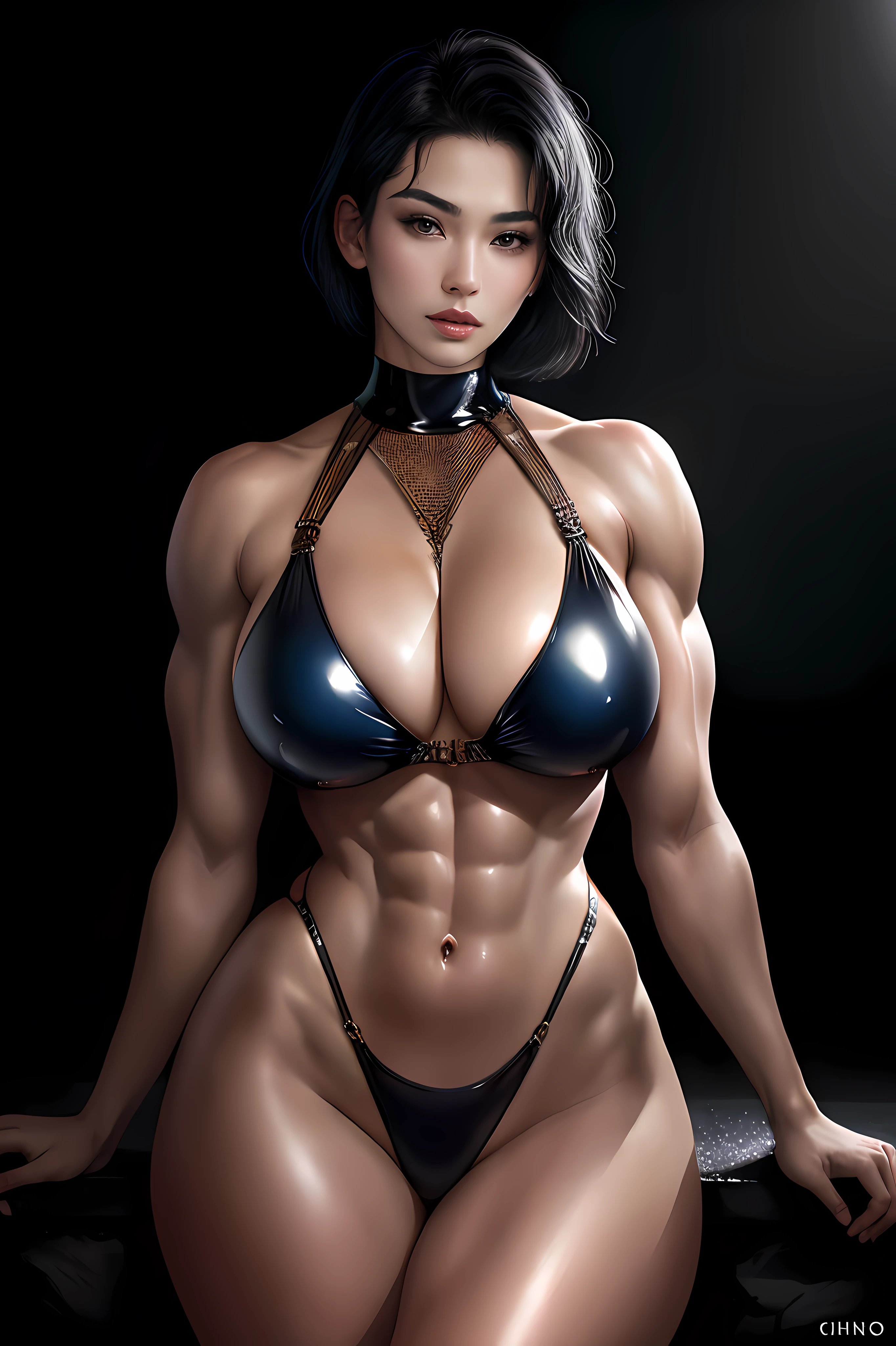 Realistic Huang Tingting, Delicate and messy short black hair, Medium Shot Shot, Detailed skin, Detailed body, Muscular, Solo, Slip on a gleaming latex shiny leather bondage suit, Huge breasts, Thick thighs, Wide hips, Muscular arms, The body has large raised veins, venat, muscle veins, Split Abs, Thick thighs, Blue eyes, Natural skin texture, skin detailed, Shiny skin, Glossy glossy skin, Wet skin, Wet body, Glossy glossy skin, Oily skin, Mediterranean tan, High contrast, Realistic skin, skin pore, intricately details, Black background, High contrast, Realistic skin, skin pore, intricately details, RAW photo, Mature female, Glossy lips, lusciouslips, pretty nose, lifelike rendering, Immersive atmosphere, Chiaroscuro, Moody lighting, Perfect female body, Realistic skin, skin pore